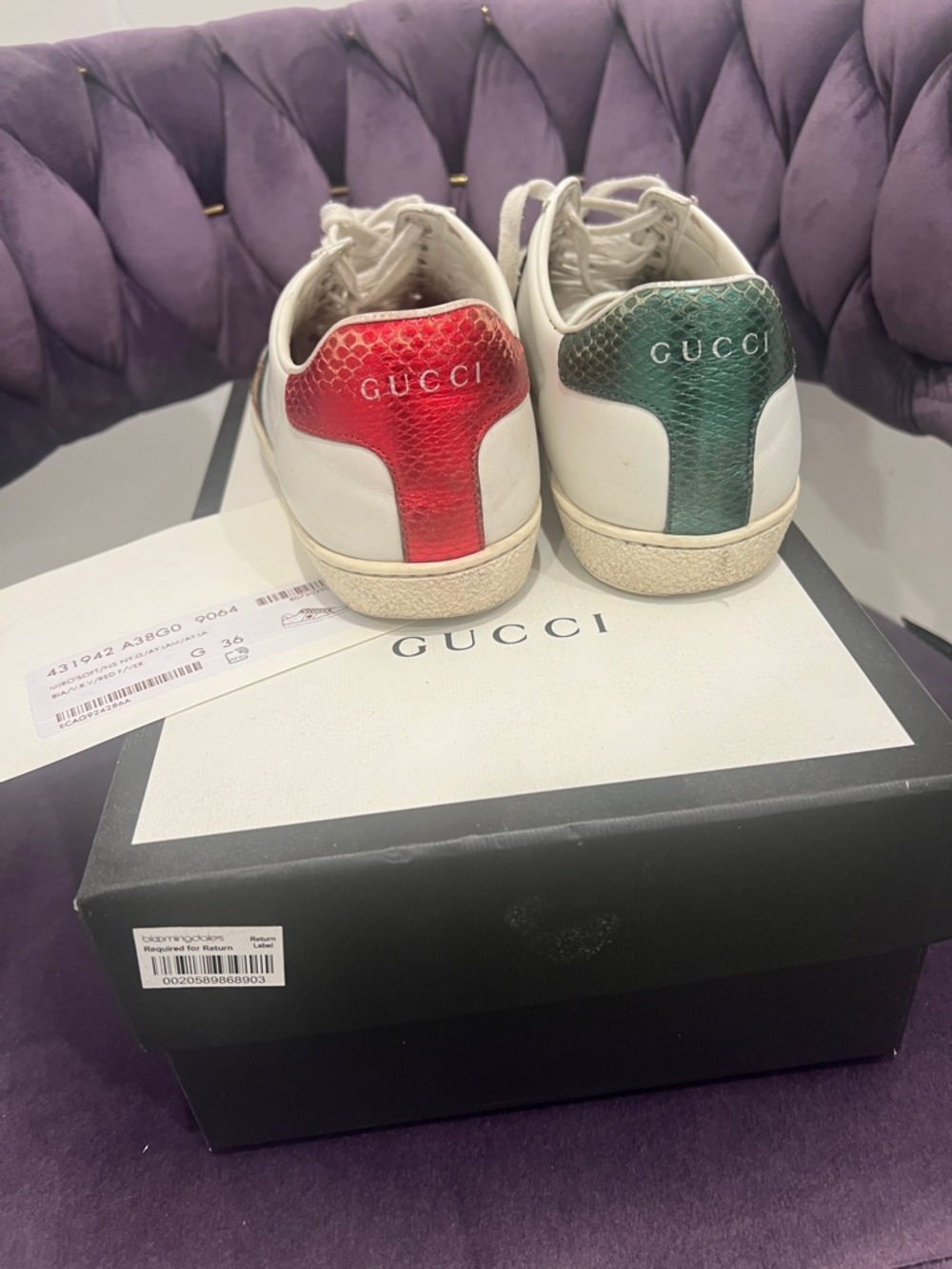 Gucci White Leather Sneakers with Red & Green Web and Gold Bee - Picture 4 of 4